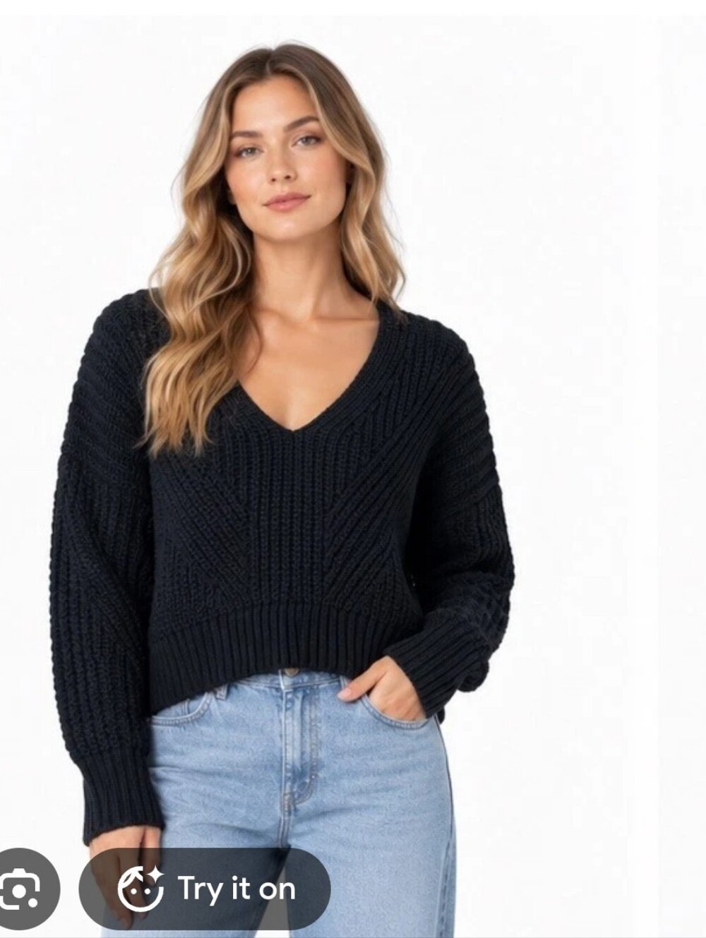 Anthropologie Maeve Black V-Neck Chunky Knit Sweater Size Lp